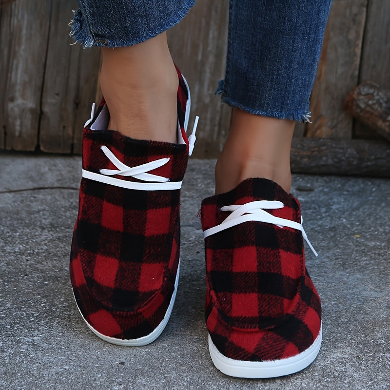 Women's Plaid Canvas Shoes, Lace Up Low Top Round Toe Flat Casual Shoes, Women's Walking Sneakers