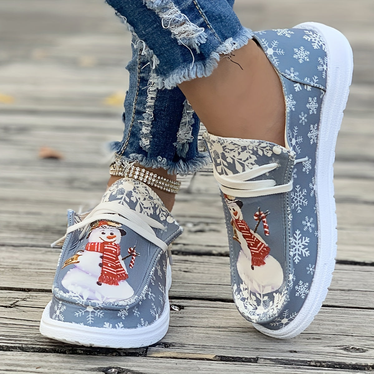 Women's Christmas Style Canvas Shoes, Snowman & Snowflake Pattern Flats, Casual Low Top Loafers