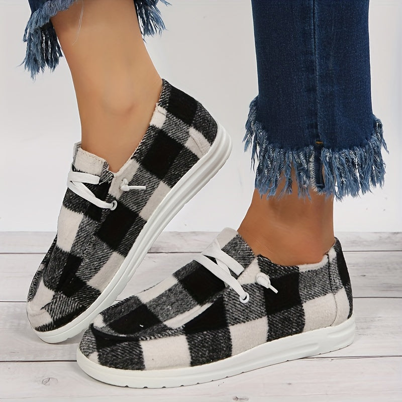 Women's Plaid Canvas Shoes, Lace Up Low Top Round Toe Flat Casual Shoes, Women's Walking Sneakers