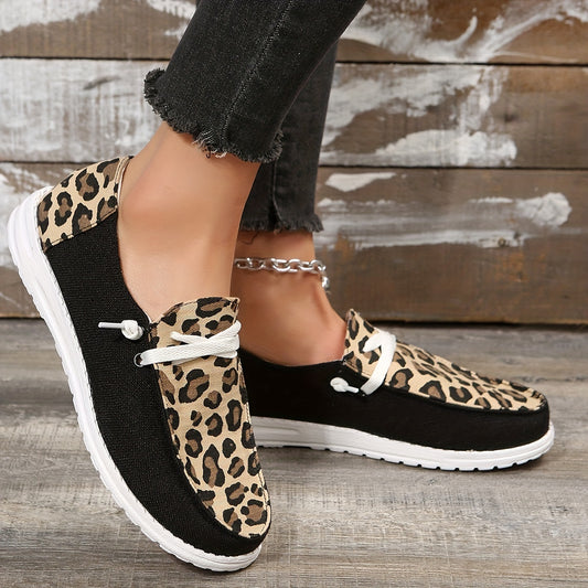 Women's Leopard Printed Canvas Shoes, Casual Round Toe Lace Up Sneakers, Versatile Low Top Flats