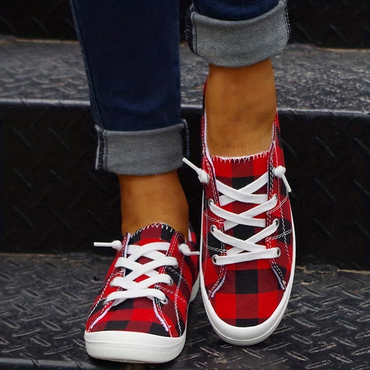Women's Red Plaid Pattern Canvas Shoes, Casual Lace Up Flat Sneakers, Lightweight Low Top Shoes