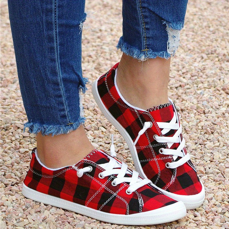Women's Red Plaid Pattern Canvas Shoes, Casual Lace Up Flat Sneakers, Lightweight Low Top Shoes